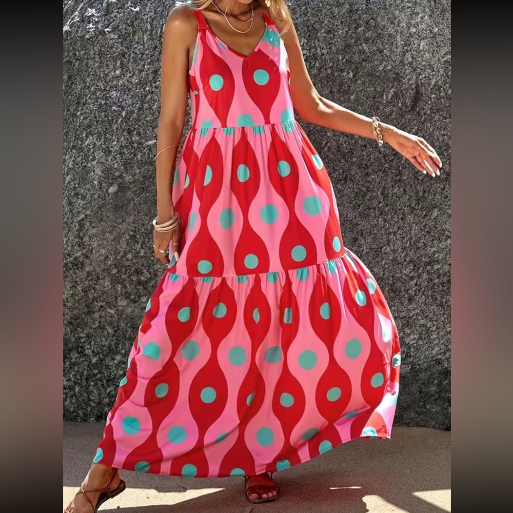 Geo polka dots print ruffle hem cami dress - Picture 5 of 6